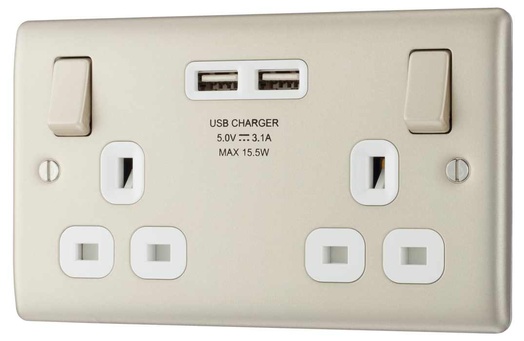 NPR22U3W Front - This 13A double power socket from British General comes with two USB charging ports allowing you to plug in an electrical device and charge mobile devices simultaneously without having to sacrifice a power socket.