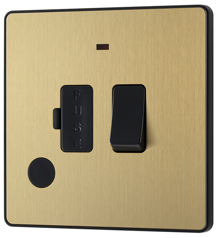 PCDSB52B Front - This Evolve Satin Brass 13A fused and switched connection unit from British General with power indicator provides an outlet from the mains containing the fuse, ideal for spur circuits and hardwired appliances. This FCU has a low profile screwless flat plate that clips on and off, making it ideal for modern interiors.