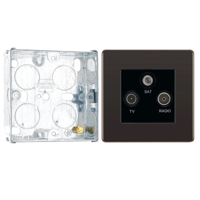 BG Screwless Black Nickel Triplex TV/FM/Sat Socket FBN67 with 25mm Steel Back Box by British General
