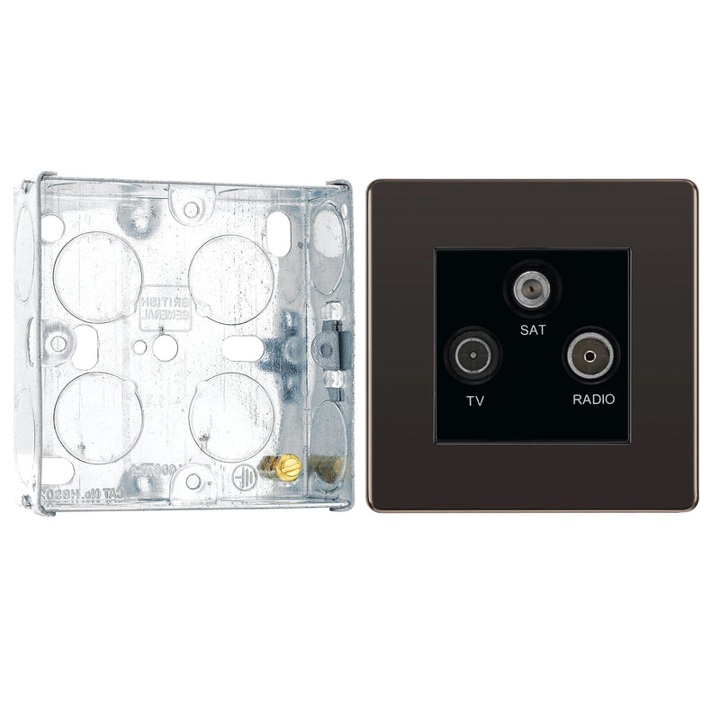 BG Screwless Black Nickel Triplex TV/FM/Sat Socket FBN67 with 25mm Steel Back Box