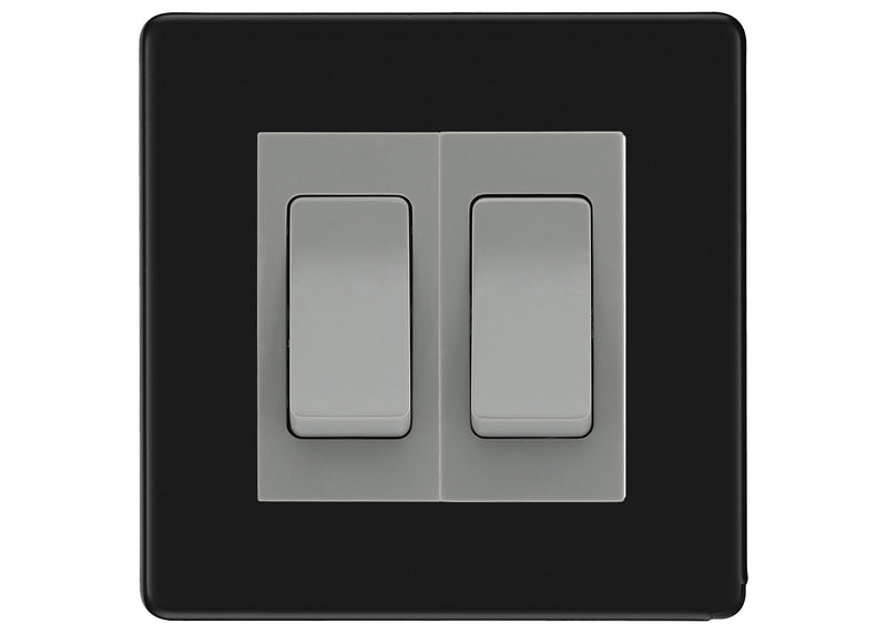 BG Electrical Screwless Matt Black 2-Gang Light Switch 1x 2-Way + 1x Intermediate – Grey Inserts