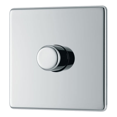 BG Screwless Polished Chrome 200W 2 Way Single Trailing Edge Dimmer Switch FPC81 with 25mm Steel Back Box