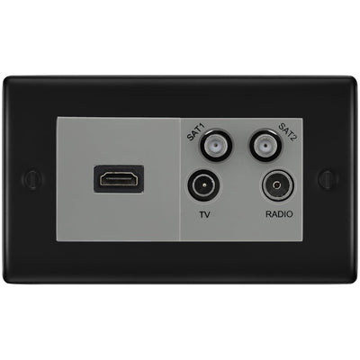 BG Nexus Matt Black 4G Faceplate with HDMI + TV/FM/SAT Module - Grey Insert by British General (BG-NFBEMR4-HDMI-TVFM2G)