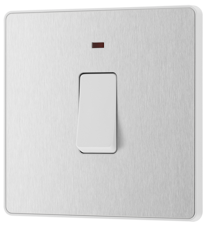 PCDBS31W Front - This Evolve Brushed Steel 20A double pole switch with indicator from British General has been designed for the connection of refrigerators, water heaters, central heating boilers and many other fixed appliances.