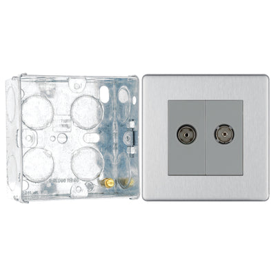 BG Screwless Brushed Steel Double Co-Axial Socket FBS61 with 35mm Steel Back Box