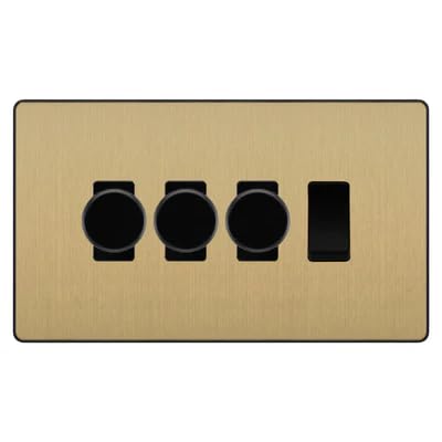 BG Evolve Satin Brass 4 Gang Switch 3x Trailing Edge LED Dimmer 1x Intermediate Custom Grid Switch by British General (BG-Evolve-SB-4G-CUSTOM-3x-Dimmer-1x-INT)