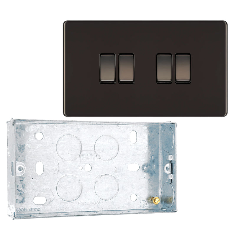 BG Screwless Black Nickel 20A 16AX 2 Way Quadruple Light Switch FBN44 with 25mm Steel Back Box