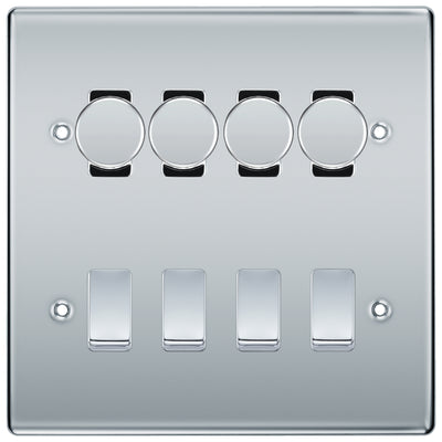 BG Nexus Polished Chrome 8 Gang Switch 4x Trailing Edge LED Dimmer 4x 2Way Custom Switch by British General (BG-Nexus-PC-8G-CUSTOM-4x-Dimmer-4x-2WAY)