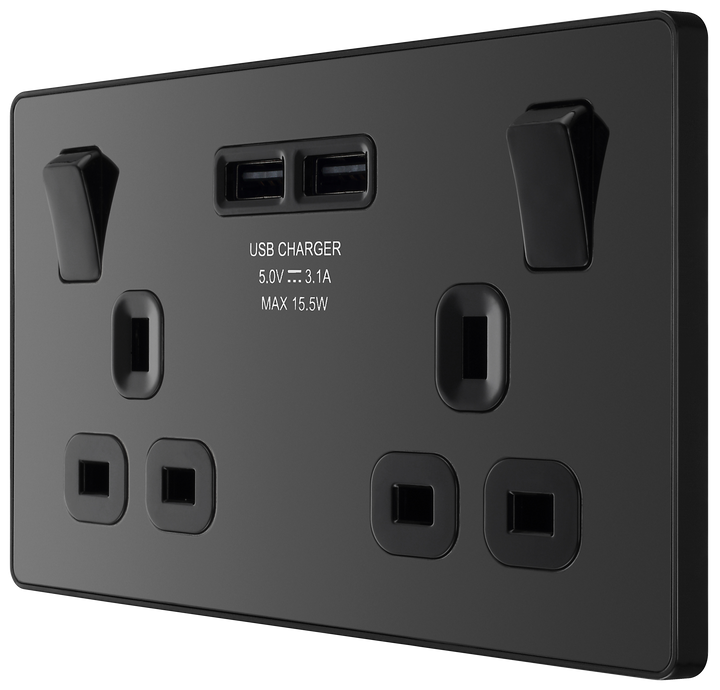 PCDBC22U3B Side -  This Evolve Black Chrome 13A double power socket from British General comes with two USB charging ports, allowing you to plug in an electrical device and charge mobile devices simultaneously without having to sacrifice a power socket.