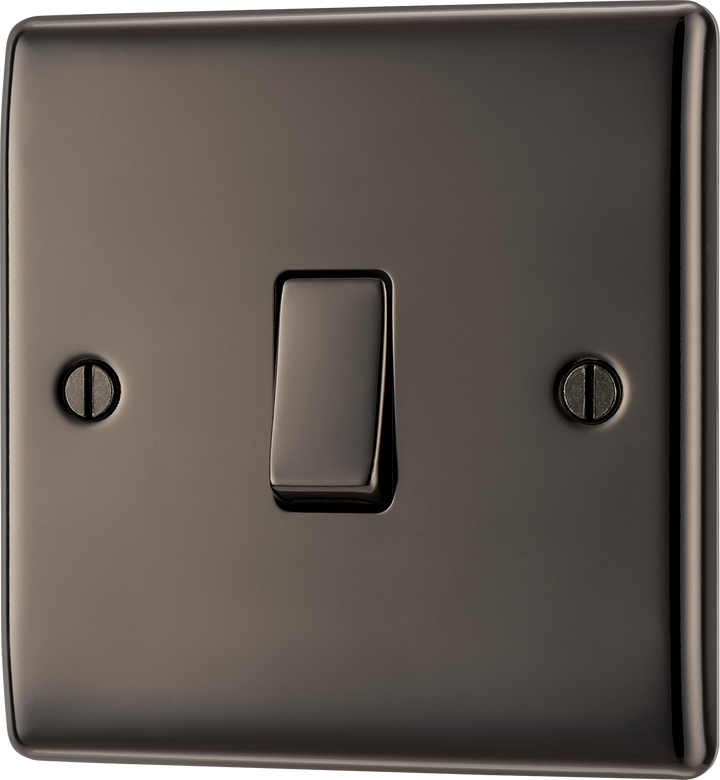 NBN12 Front - This black nickel finish 20A 16AX single light switch from British General will operate one light in a room.