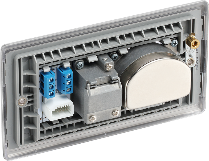 NBS69 Back - This screened Quadplex socket from British General has an outlet for TV FM and 2 satellites, plus a return and shuttered telephone socket.