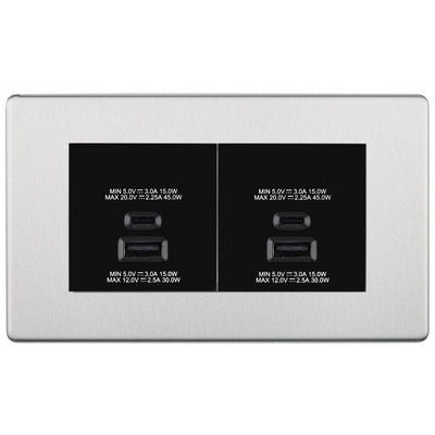 BG Screwless Brushed Steel 4G Faceplate with 45W USB A+C Charger Modules – Black Insert by British General (BG-FBSEMR4+EMUSBAC45B)