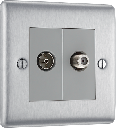 BG NBS65 Nexus Satellite and co-axial, 2 gang Brushed Steel Satellite Socket Outlets