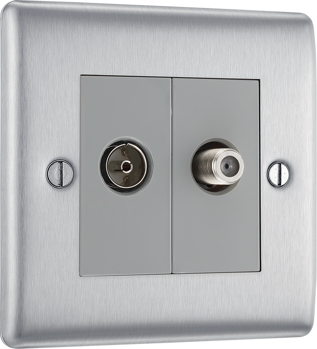 NBS65 Front - This satellite and coaxial socket from British General provides 1 outlet for a TV or FM coaxial aerial connection and 1 outlet for satellite connection.