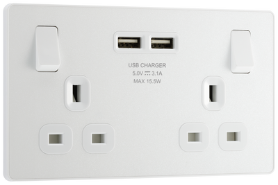 BG PCDCL22U3W Pearlescent White Evolve 2 Gang 13A 2x USB-A 3.1A Switched Socket Outlet - White Insert