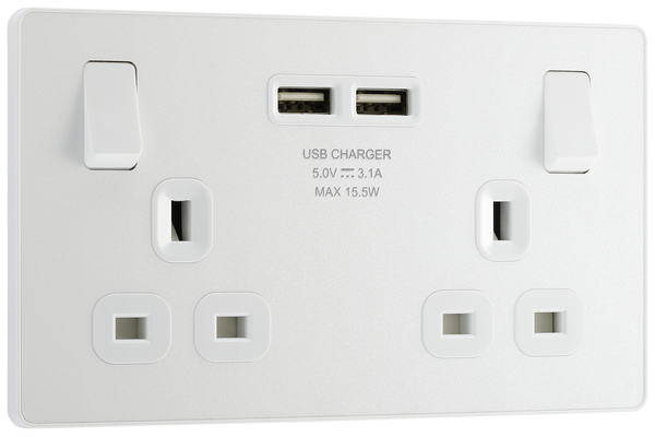 PCDCL22U3W Front - This Evolve pearlescent white 13A double power socket from British General comes with two USB charging ports, allowing you to plug in an electrical device and charge mobile devices simultaneously without having to sacrifice a power socket.