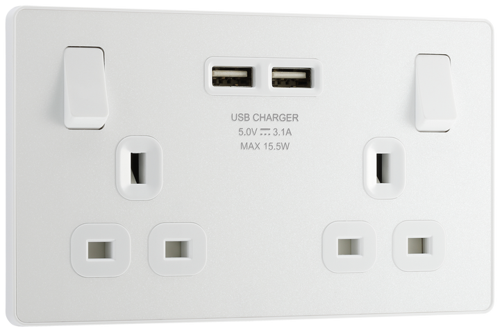 PCDCL22U3W Front - This Evolve pearlescent white 13A double power socket from British General comes with two USB charging ports, allowing you to plug in an electrical device and charge mobile devices simultaneously without having to sacrifice a power socket.