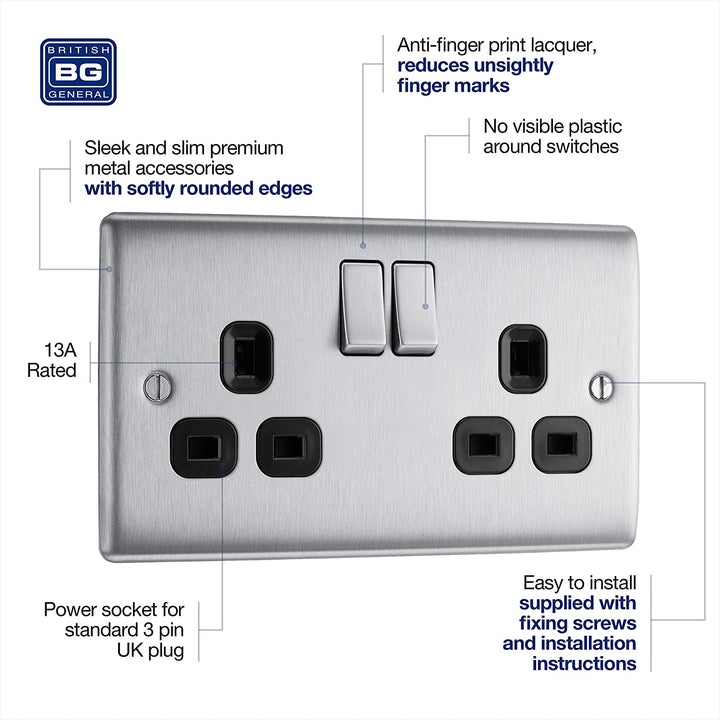 NBS22B Front - This brushed steel finish 13A double switched socket from British General has a sleek and slim profile with softly rounded edges, anti-fingerprint lacquer and no visible plastic around the switches for a luxurious finish. 