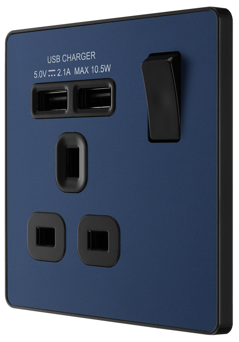 PCDDB21U2B Side - This Evolve Matt Blue 13A single power socket from British General comes with two USB charging ports, allowing you to plug in an electrical device and charge mobile devices simultaneously without having to sacrifice a power socket.