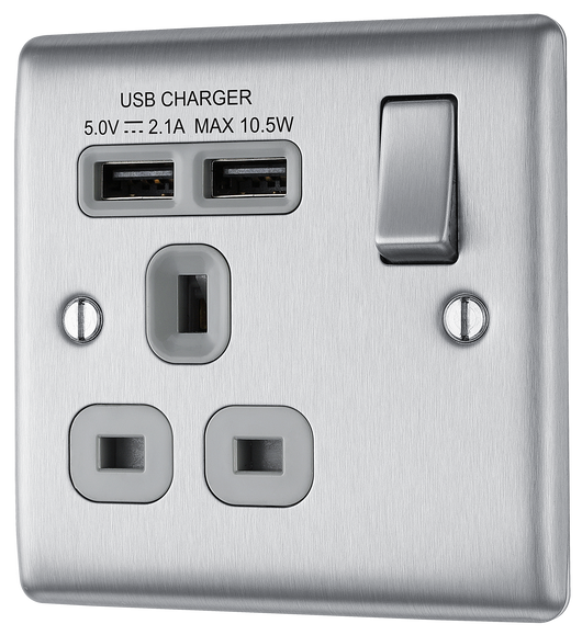 NBS21U2G Front - This 13A single power socket from British General comes with two USB charging ports allowing you to plug in an electrical device and charge mobile devices simultaneously without having to sacrifice a power socket.