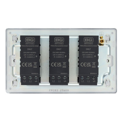 BG Screwless Polished Chrome 200W 2 Way Triple Trailing Edge Dimmer Switch FPC83 with 25mm Steel Back Box