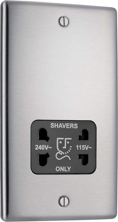 BG NBS20B Metal Brushed Steel 115-230V Dual Voltage Shaver Socket - Black Insert