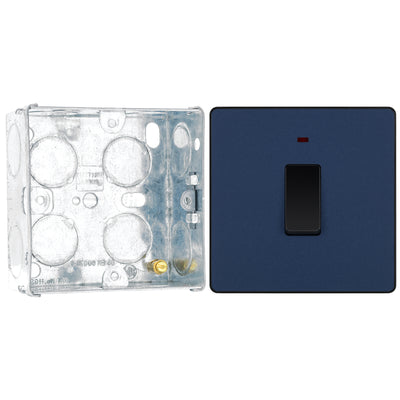 BG Evolve Matt Blue 20A Double Pole Switch with Neon PCDDB31B with 35mm Steel Back Box