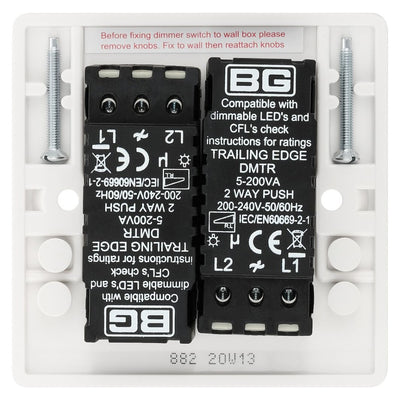 BG Nexus 2 Gang 200W 2 Way Trailing Edge Dimmer Switch & 32mm Pattress Back Box