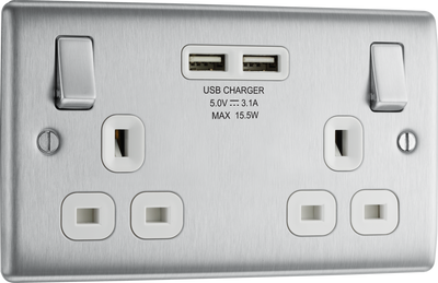 BG NBS22U3W Nexus Metal Brushed Steel 2 Gang 13A 2x USB-A 3.1A Switched Socket - White Insert