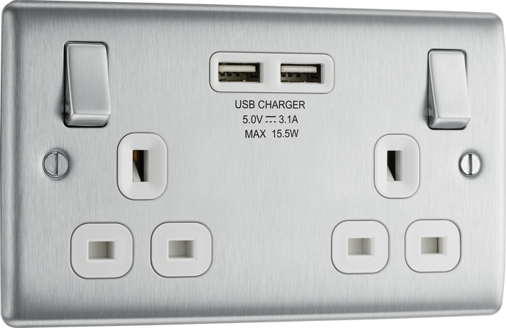 NBS22U3W Front - This 13A double power socket from British General comes with two USB charging ports allowing you to plug in an electrical device and charge mobile devices simultaneously without having to sacrifice a power socket.