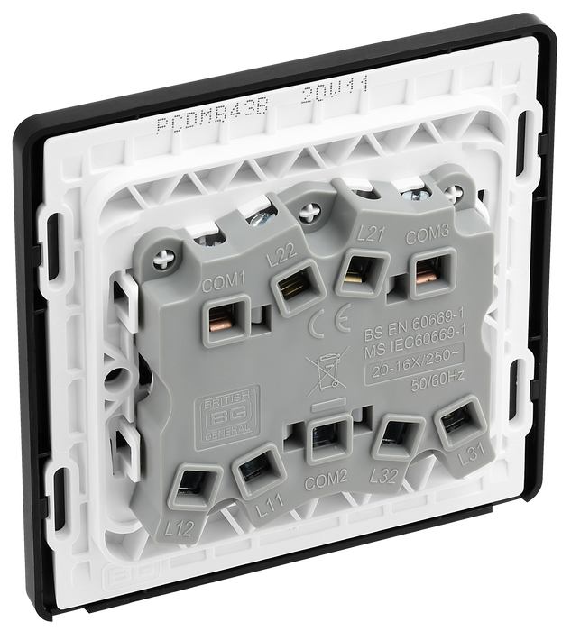 PCDMB43B Back - This Evolve Matt Black 20A 16AX triple light switch from British General can operate 3 different lights, whilst the 2 way switching allows a second switch to be added to the circuit to operate the same light from another location (e.g. at the top and bottom of the stairs).