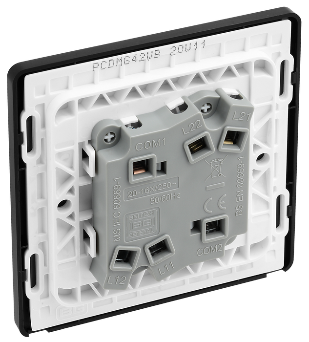 PCDMG42WB Back - This Evolve Matt Grey 20A 16AX double light switch from British General can operate 2 different lights, whilst the 2 way switching allows a second switch to be added to the circuit to operate the same light from another location (e.g. at the top and bottom of the stairs).