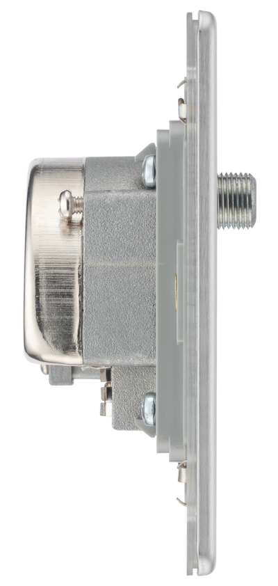 BG FBS68 Flatplate Triplex TV/FM/Sat Socket + Return & 1 Gang Tel. - Screened Brushed Steel - Grey Insert
