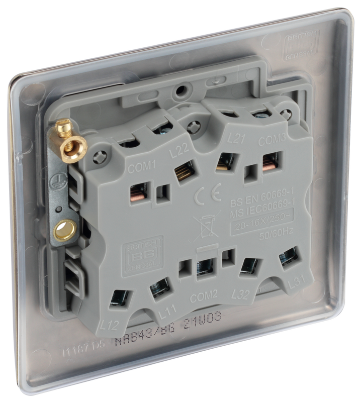 NAB43 Back - This antique brass finish 20A 16AX triple light switch from British General can operate 3 different lights whilst the 2 way switching allows a second switch to be added to the circuit to operate the same light from another location (e.g. at the top and bottom of the stairs).