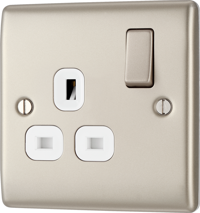 NPR21W Front - This pearl nickel finish 13A single switched socket from British General has a sleek and slim profile with softly rounded edges and no visible plastic around the switch to add a touch of luxury to your decor.