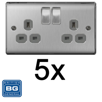 BG Brushed Steel Satin Chrome Double Socket NBS22G Multipack 2 Gang Twin Socket