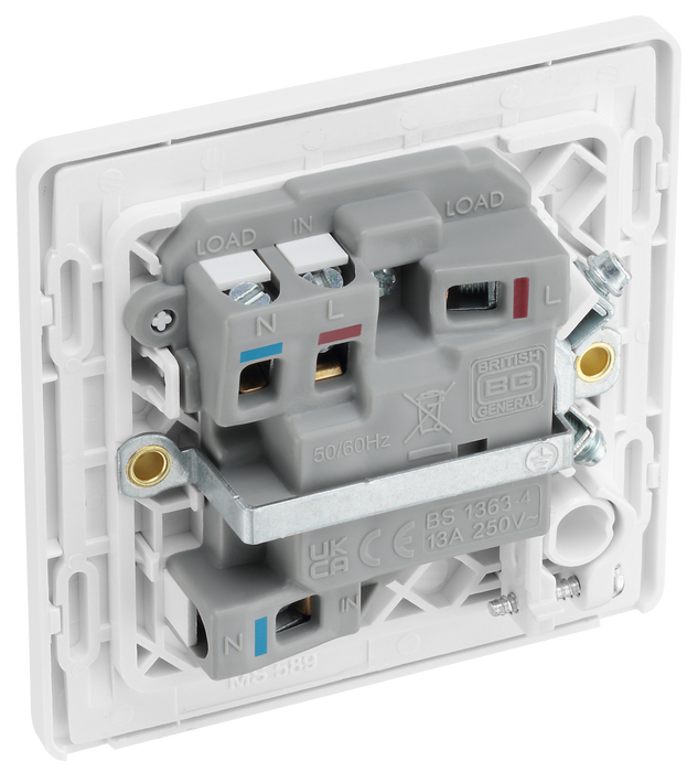 PCDBS52W Back - This Evolve Brushed Steel 13A fused and switched connection unit from British General with power indicator provides an outlet from the mains containing the fuse, ideal for spur circuits and hardwired appliances.