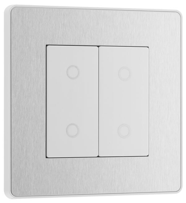  PCDBSTDS2W Front - This Evolve Brushed Steel double secondary trailing edge touch dimmer allows you to control your light levels and set the mood.