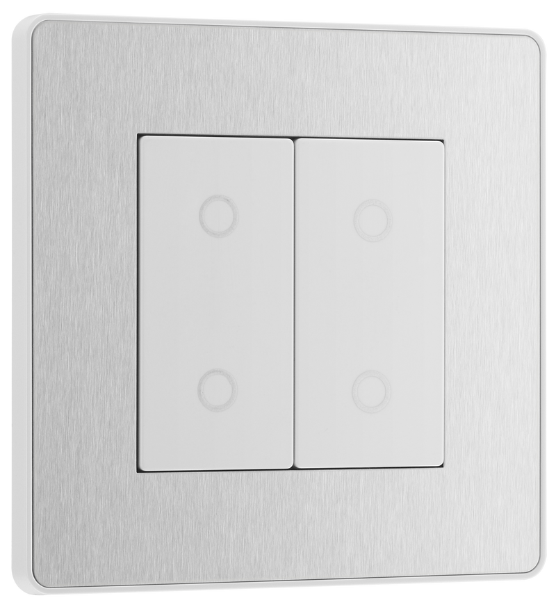 BG PCDBSTDS2W Brushed Steel Evolve 2 Gang 200W Trailing Edge Secondary Touch Dimmer - White Insert CODE: PCDBSTDS2W Write a review...