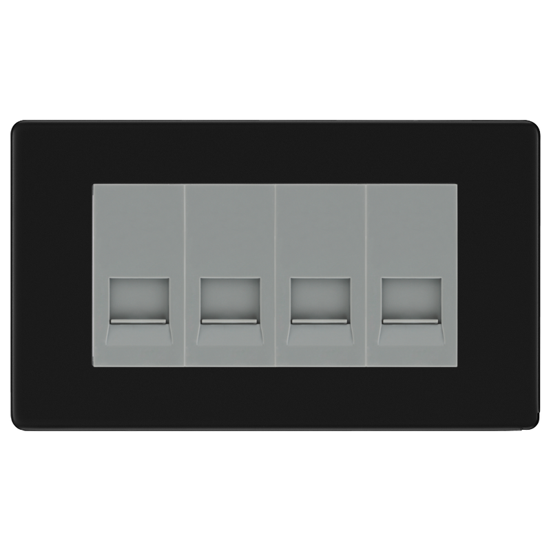 BG Screwless Matt Black 4 Gang Secondary Telephone Socket, Screw Terminal - Grey Insert