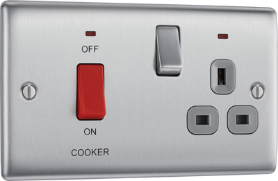 BG NBS70G Nexus Metal Brushed Steel 45A 2 Pole Cooker Switch 13A Neon Switched Socket - Grey Insert