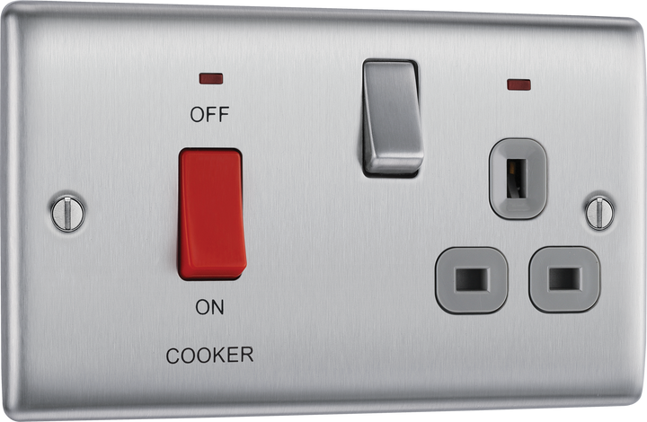 NBS70G Front - This 45A cooker control unit from British General includes a 13A socket for an additional appliance outlet, and has flush LED indicators above the socket and switch.