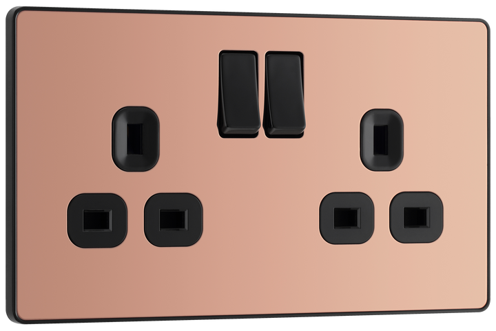 PCDCP22B Front - This Evolve Polished Copper 13A double switched socket from British General has been designed with angled in line colour coded terminals and backed out captive screws for ease of installation, and fits a 25mm back box making it an ideal retro-fit replacement for existing sockets.