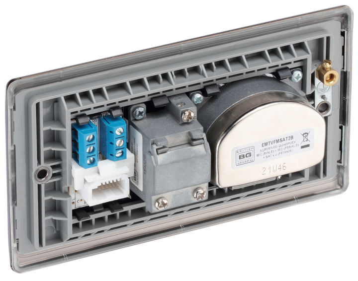 NBN69 Back - This screened Quadplex socket from British General has an outlet for TV FM and 2 satellites, plus a return and shuttered telephone socket.