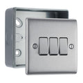 Brushed Steel 20A 16AX 2 Way Triple Light Switch & Surface Pattress Back Box