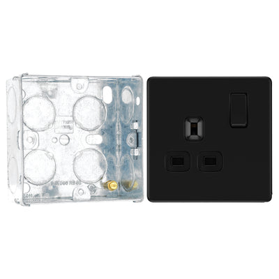 BG Screwless Matt Black 13A Single Socket FFB21B with 35mm Steel Back Box