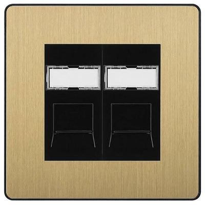 BG Evolve Satin Brass 2 Gang RJ45 Data Socket PCDSBRJ452B Black Inserts by British General (BG-PCDSBRJ452B)