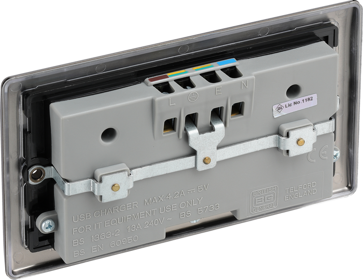 NBN24U44B Back - This 13A double power socket from British General comes with four USB charging ports allowing you to plug in an electrical device and charge mobile devices simultaneously without having to sacrifice a power socket.