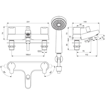 Ideal Standard Calista Two Tap Hole Bath Shower Mixer With Shower Set - B1152AA