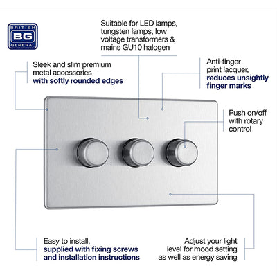 BG FBS83P Flatplate Screwless 3 Gang, 2 Way, 400w Brushed Steel Dimmer Switches